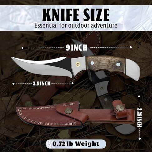9 Inch Fixed Blade Hunting Knife with Leather Sheath, Full Tang Skinning Knife with Walnut Wood Handle, Razor Sharp Stainless Steel Bushcraft Knife for Camping, Survival & Outdoor Hunting Gear in Kuwait
