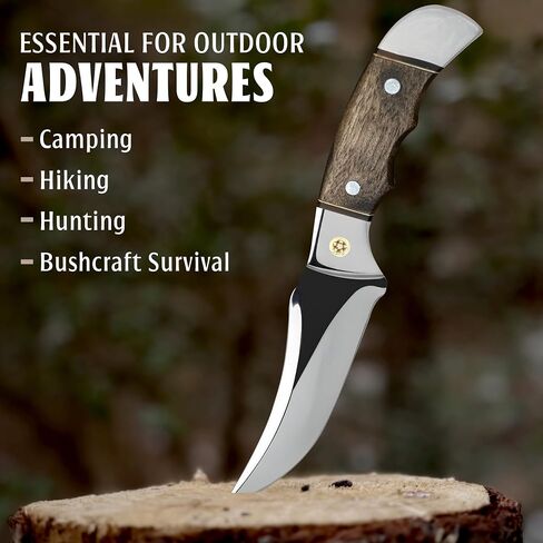 9 Inch Fixed Blade Hunting Knife with Leather Sheath, Full Tang Skinning Knife with Walnut Wood Handle, Razor Sharp Stainless Steel Bushcraft Knife for Camping, Survival & Outdoor Hunting Gear in Kuwait