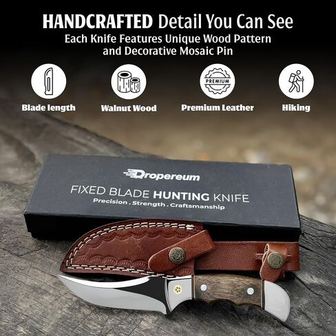 9 Inch Fixed Blade Hunting Knife with Leather Sheath, Full Tang Skinning Knife with Walnut Wood Handle, Razor Sharp Stainless Steel Bushcraft Knife for Camping, Survival & Outdoor Hunting Gear in Kuwait