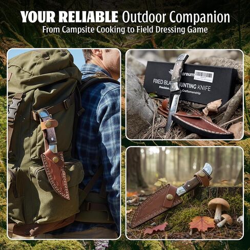 9 Inch Fixed Blade Hunting Knife with Leather Sheath, Full Tang Skinning Knife with Walnut Wood Handle, Razor Sharp Stainless Steel Bushcraft Knife for Camping, Survival & Outdoor Hunting Gear in Kuwait