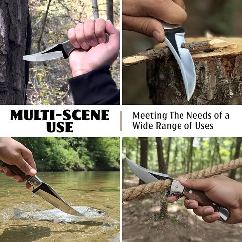 9 Inch Fixed Blade Hunting Knife with Leather Sheath, Full Tang Skinning Knife with Walnut Wood Handle, Razor Sharp Stainless Steel Bushcraft Knife for Camping, Survival & Outdoor Hunting Gear in Kuwait