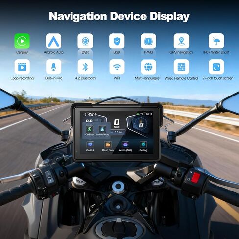 نظام ملاحة GPS للدراجات النارية مقاس 7 بوصات مقاوم للماء مع CarPlay Android Auto، CarPlay للدراجات النارية مع TPMS، BSD Blind Spot Radar يدعم 256 جيجابايت للموتو in Kuwait