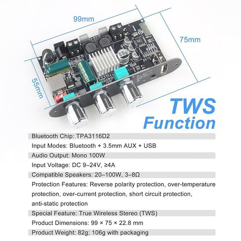 ZK-1001B Mono Amplifier Board with TWS, 100W Power Output, Vehicle Amplifier Wide Voltage Input 9-24V, Supports USB/AUX/Bluetooth, Black (Black2 ZK-1001U) in Saudi Arabia