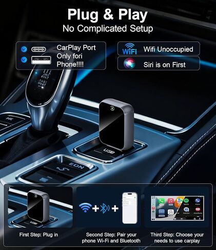 محول CarPlay اللاسلكي لجهاز iPhone - لا يوجد تأخير صوتي، اتصال تلقائي - تحويل سلك المصنع إلى CarPlay اللاسلكي - Bluetooth 5.3 و5 جيجا هرتز Wi-Fi - التوصيل والتشغيل (يتضمن USB A/C) in Kuwait