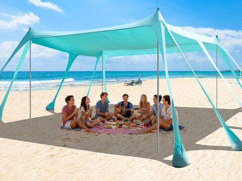 Beach Tent Sun Shelter, 13x10FT Beach Shade Canopy with 10 Sandbags, UPF50+ Outdoor Beach Canopy for Camping Trips, Fishing, Backyard - Sand Shovel, Ground Pegs & Stability Poles in Saudi Arabia
