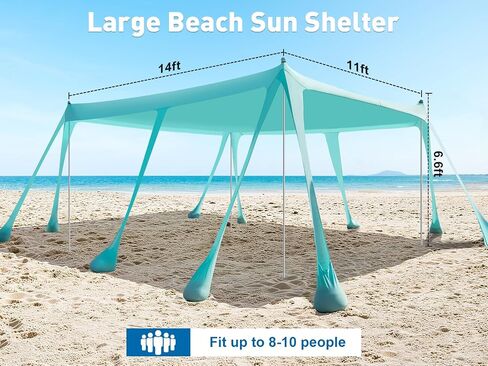 Beach Tent Sun Shelter, 13x10FT Beach Shade Canopy with 10 Sandbags, UPF50+ Outdoor Beach Canopy for Camping Trips, Fishing, Backyard - Sand Shovel, Ground Pegs & Stability Poles in Saudi Arabia