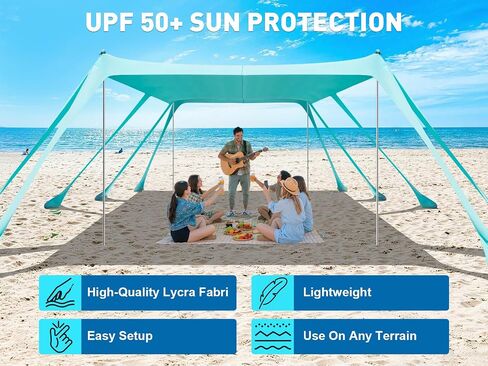 Beach Tent Sun Shelter, 13x10FT Beach Shade Canopy with 10 Sandbags, UPF50+ Outdoor Beach Canopy for Camping Trips, Fishing, Backyard - Sand Shovel, Ground Pegs & Stability Poles in Saudi Arabia