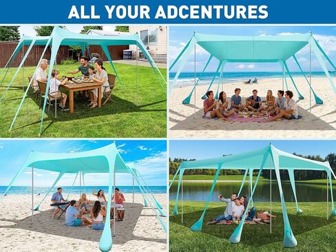 Beach Tent Sun Shelter, 13x10FT Beach Shade Canopy with 10 Sandbags, UPF50+ Outdoor Beach Canopy for Camping Trips, Fishing, Backyard - Sand Shovel, Ground Pegs & Stability Poles in Saudi Arabia