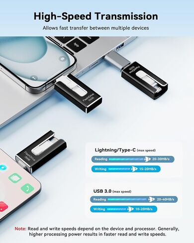 MFi Certified Flash Drive for iPhone 256GB, 3 in 1 Type-C USB Memory Stick Thumb Drive for Photos Videos Storage, High Speed External Memory Storage Photo Stick for iPhone iPad Android PC (Black) in Kuwait