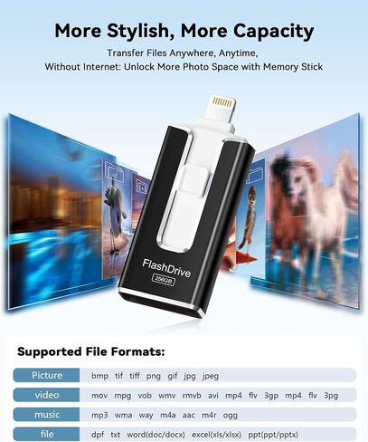 MFi Certified Flash Drive for iPhone 256GB, 3 in 1 Type-C USB Memory Stick Thumb Drive for Photos Videos Storage, High Speed External Memory Storage Photo Stick for iPhone iPad Android PC (Black) in Kuwait