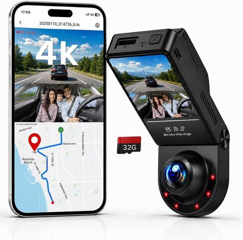 360° Dash Cam Front and Inside 4K+2.5K, 2 Channel Dashcam for Car in Kuwait
