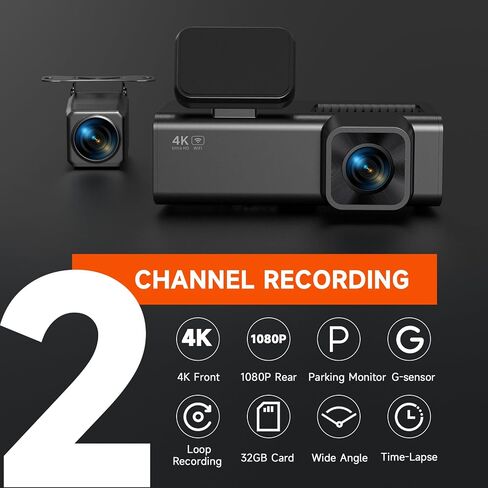 Dash Cam Front and Rear, 4K+1080P Dual Camera for Cars, 32GB Card Included in Saudi Arabia
