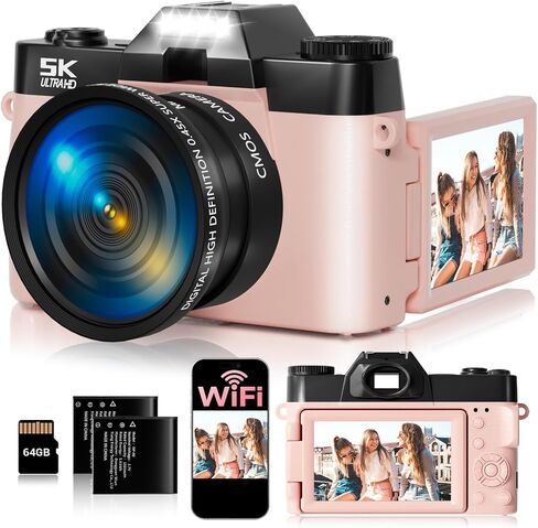 5K Digital Camera for Photography,UHD 75MP WiFi Vlogging Camera for YouTube,Compact Camera with 3" 180°Flip Screen,64GB SD Card,16X Digital Zoom,2 Batteries,Perfect for Beginners and Teens,Pink in Kuwait