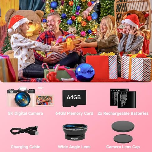 5K Digital Camera for Photography,UHD 75MP WiFi Vlogging Camera for YouTube,Compact Camera with 3" 180°Flip Screen,64GB SD Card,16X Digital Zoom,2 Batteries,Perfect for Beginners and Teens,Pink in Kuwait