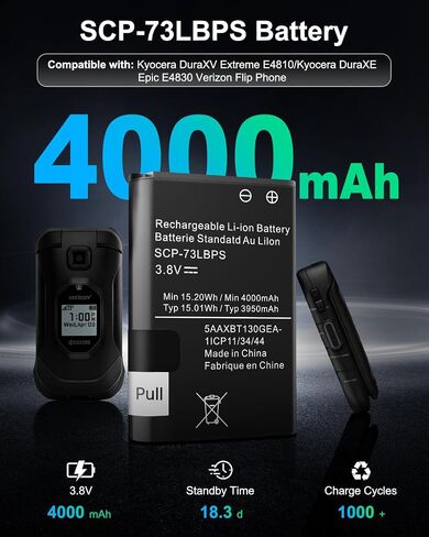 【4000 مللي أمبير في الساعة】 بطارية SCP-73LBPS، بطارية بديلة مطورة عالية السعة لهاتف Kyocera DuraXV Extreme E4810 Verizon Flip Phone SCP73LBPS in Kuwait