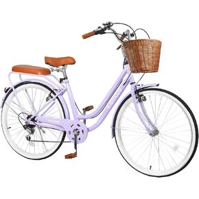 26" Women's Cruiser Bike, 7-Speed City Bike Duable Bar Featuring Convenient Basket & Rack, Perfect Adult Bicycle for Commuting, Leisure, and Stylish Comfortable Rides, Purple in Kuwait