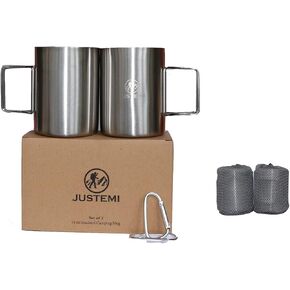 Stainless Steel Camping Coffee Mugs Set of 2,Insulated Camping Cup with Foldable Handle & Mesh Bag,Double Walled Metal Backpacking Cup for Outdoor Hiking（14oz） in Kuwait