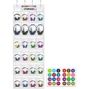 Headphone Storage Classroom Headphone Organizer 24 Pockets PVC Clear Organizer Holder for School Cell Phones Calculators, with Headphone Storage Stickers & Number Stickers in Kuwait