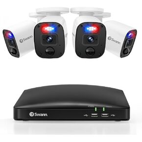 Swann 4 قنوات 4 كاميرات نظام أمان عالي الدقة 1080 بكسل، نظام أمان بطاقة SD سعة 64 جيجابايت DVR مع ميكروفون، كاميرات مراقبة سلكية رصاصة، رؤية ليلية ملونة، كشف الحرارة والحركة|SWDVK-446854MQB in Kuwait