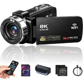 8K Video Camera Camcorder 96MP UHD Vlogging Camera for YouTube 18X Digital Zoom 3.0 IPS 270° Rotation Touch Screen Video Recorder with Remote Control, LED Fill Light, 32GB Card, 2 Batteries in Saudi Arabia