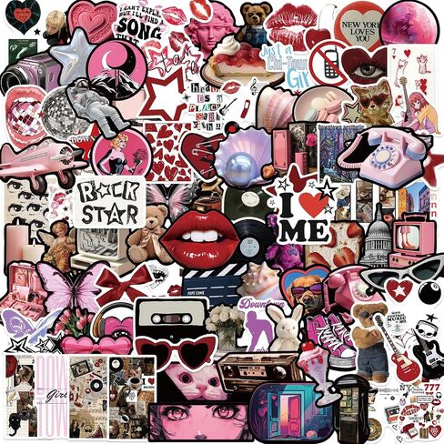 100pcs Aesthetic Stickers | Downtown Girls Y2K Retro Sticker | Cool 2000s Cyber Trendy Stickers for Water Bottle Laptop Guitar Skateboard | Vinyl Stickers for Girls Teens Adults (Black, Pink) in Kuwait