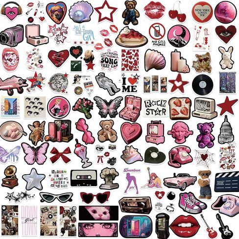 100pcs Aesthetic Stickers | Downtown Girls Y2K Retro Sticker | Cool 2000s Cyber Trendy Stickers for Water Bottle Laptop Guitar Skateboard | Vinyl Stickers for Girls Teens Adults (Black, Pink) in Kuwait
