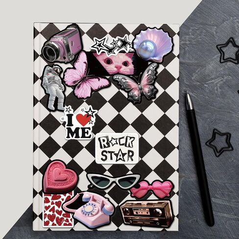100pcs Aesthetic Stickers | Downtown Girls Y2K Retro Sticker | Cool 2000s Cyber Trendy Stickers for Water Bottle Laptop Guitar Skateboard | Vinyl Stickers for Girls Teens Adults (Black, Pink) in Kuwait