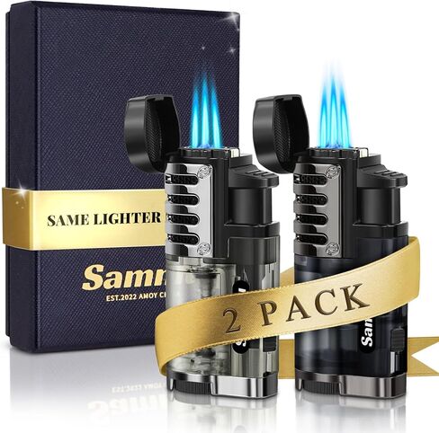 SAMNIU Pack of 2 Torch Lighter, Triple Jet Flames, Visible Gas Tank, Windproof Butane Refill Pocket Lighters for Candle, Men’s Gift (Gas not Included) in Kuwait
