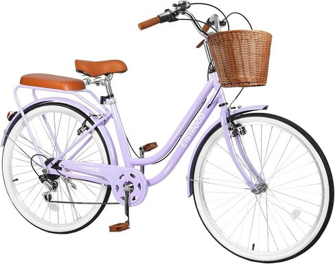 26" Women's Cruiser Bike, 7-Speed City Bike Duable Bar Featuring Convenient Basket & Rack, Perfect Adult Bicycle for Commuting, Leisure, and Stylish Comfortable Rides, Purple in Kuwait