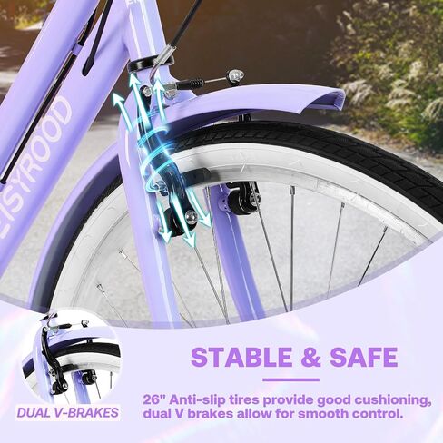 26" Women's Cruiser Bike, 7-Speed City Bike Duable Bar Featuring Convenient Basket & Rack, Perfect Adult Bicycle for Commuting, Leisure, and Stylish Comfortable Rides, Purple in Kuwait