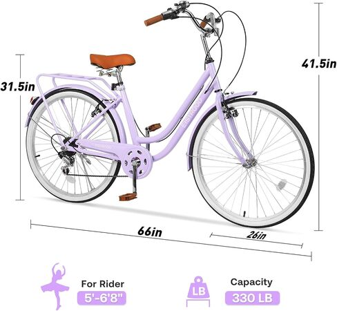 26" Women's Cruiser Bike, 7-Speed City Bike Duable Bar Featuring Convenient Basket & Rack, Perfect Adult Bicycle for Commuting, Leisure, and Stylish Comfortable Rides, Purple in Kuwait