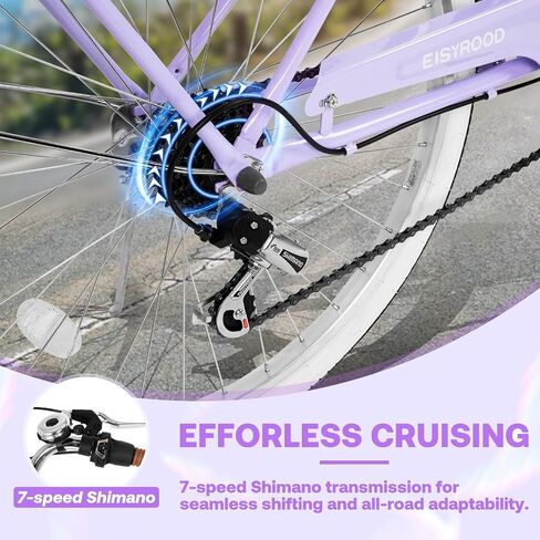 26" Women's Cruiser Bike, 7-Speed City Bike Duable Bar Featuring Convenient Basket & Rack, Perfect Adult Bicycle for Commuting, Leisure, and Stylish Comfortable Rides, Purple in Kuwait