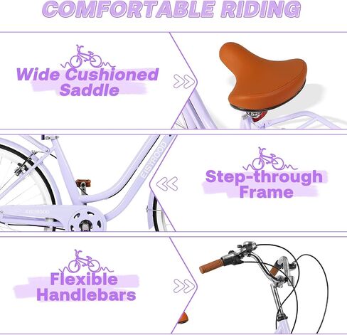 26" Women's Cruiser Bike, 7-Speed City Bike Duable Bar Featuring Convenient Basket & Rack, Perfect Adult Bicycle for Commuting, Leisure, and Stylish Comfortable Rides, Purple in Kuwait