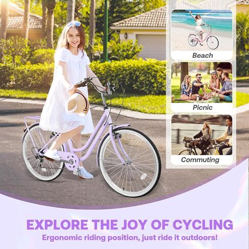 26" Women's Cruiser Bike, 7-Speed City Bike Duable Bar Featuring Convenient Basket & Rack, Perfect Adult Bicycle for Commuting, Leisure, and Stylish Comfortable Rides, Purple in Kuwait