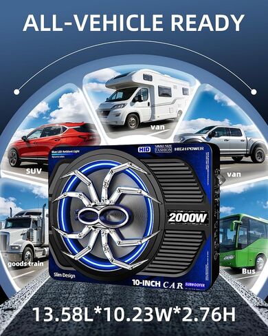 2000W 10 Inch Underseat Car Subwoofer and Amp Package, Slim Powered Under Seat Sub with Built-in Class D Amp and DSP, Blue LED Switch, Low Pass Filter, Bass Boost for Truck SUV in Saudi Arabia