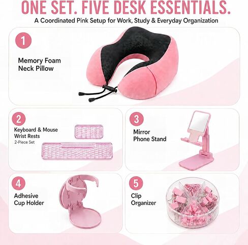 5-in-1 Pink Desk Accessories Set with Neck Pillow and Wrist Rests in Saudi Arabia