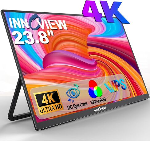 Innoview 23.8" 4K Large Portable Monitor, UHD (3840*2160) 100%sRGB IPS Speakers USB-C HDMI Work Home Second Monitor W/180°Adjustable Stand for Laptop, Desktop, Macbook, Phones, Tablet, PS5/4, Switch in Saudi Arabia