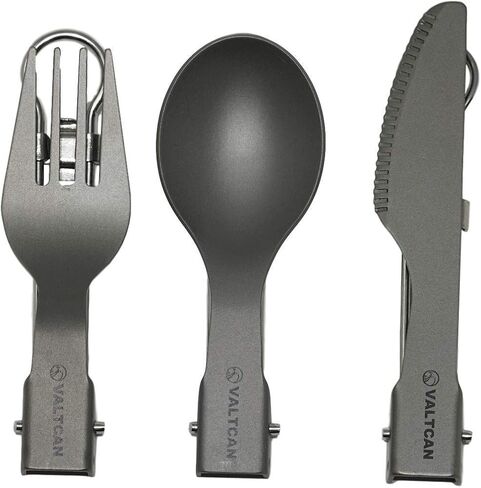 Valtcan Titanium Folding Utensil Set 3 Piece Fork Knife Spoon - 58g Ultralight, Locking Hinge, Full-Size When Open, Pocket-Size When Folded, Zero Metallic Taste, Grade 1 Ti, Carry Pouch, Camping EDC in Kuwait