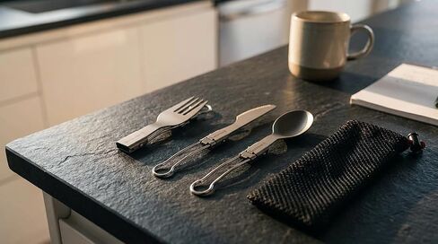 Valtcan Titanium Folding Utensil Set 3 Piece Fork Knife Spoon - 58g Ultralight, Locking Hinge, Full-Size When Open, Pocket-Size When Folded, Zero Metallic Taste, Grade 1 Ti, Carry Pouch, Camping EDC in Kuwait
