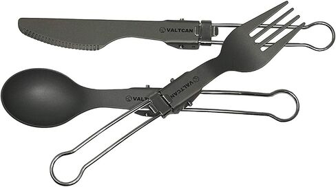 Valtcan Titanium Folding Utensil Set 3 Piece Fork Knife Spoon - 58g Ultralight, Locking Hinge, Full-Size When Open, Pocket-Size When Folded, Zero Metallic Taste, Grade 1 Ti, Carry Pouch, Camping EDC in Kuwait