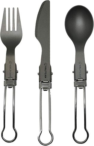 Valtcan Titanium Folding Utensil Set 3 Piece Fork Knife Spoon - 58g Ultralight, Locking Hinge, Full-Size When Open, Pocket-Size When Folded, Zero Metallic Taste, Grade 1 Ti, Carry Pouch, Camping EDC in Kuwait