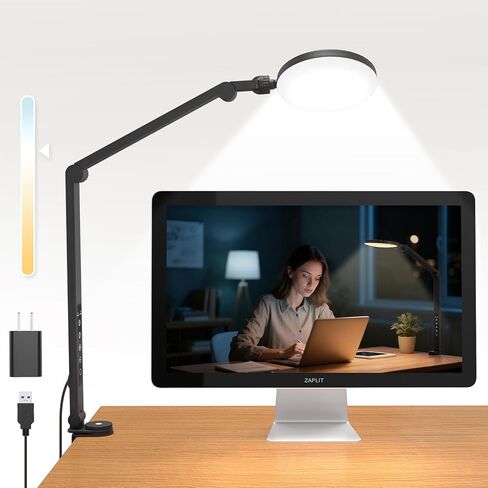 Desk Lamp, ZAPLIT 10W LED Desk Light with Clamp & Adjustable Arm for Home Office, Touch Control Eye-Care Light for Reading with 5 Color Temps (1700K-6000K) & 10 Brightness, Timer, USB Adapter Included in Saudi Arabia