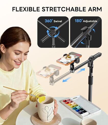 Overhead Phone Stand for Video Recording, Floor Stand Heavy Duty 360° Adjustable Boom Arm Phone Mount with Weighted Base for Cooking, Craft, Drawing, Live Streaming, Compatible with iPhone & Android in Saudi Arabia
