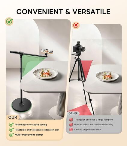 Overhead Phone Stand for Video Recording, Floor Stand Heavy Duty 360° Adjustable Boom Arm Phone Mount with Weighted Base for Cooking, Craft, Drawing, Live Streaming, Compatible with iPhone & Android in Saudi Arabia