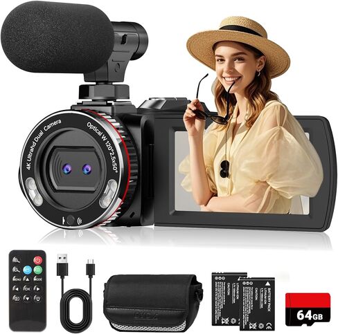 4K 64MP Dual Lens Video Camcorder for Vlogging YouTube, 3.0" Flip Screen Digital Camera Recorder, 18X Digital Zoom Camcorder Kit with External Stereo Microphone, Remote, 64GB Card & 2 Batteries in Kuwait