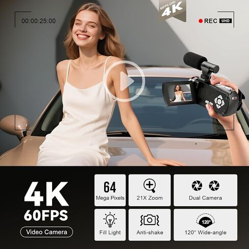 4K 64MP Dual Lens Video Camcorder for Vlogging YouTube, 3.0" Flip Screen Digital Camera Recorder, 18X Digital Zoom Camcorder Kit with External Stereo Microphone, Remote, 64GB Card & 2 Batteries in Kuwait
