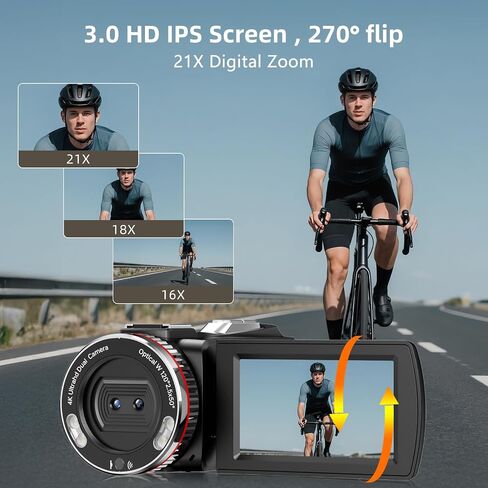 4K 64MP Dual Lens Video Camcorder for Vlogging YouTube, 3.0" Flip Screen Digital Camera Recorder, 18X Digital Zoom Camcorder Kit with External Stereo Microphone, Remote, 64GB Card & 2 Batteries in Kuwait