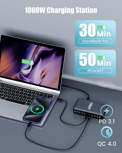 1000W USB C Charger Block,10-Port USB C GaN Multiple Port Charging Station in Kuwait