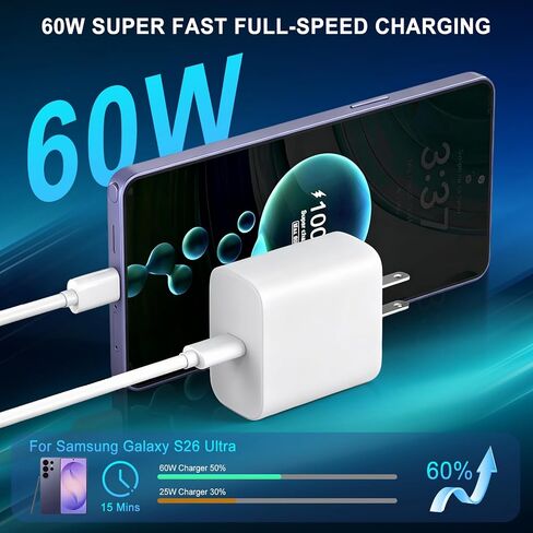 60W Samsung Super Fast USB C Charger,2Pack TypeC Android Phone PD Wall Charger Block,10FT Chargers Fast Charging USB C Cord Compatible with Galaxy S26 Ultra/Z Fold8/S26+/S26/S25 Ultra/S25+/S25/S24/S23 in Saudi Arabia
