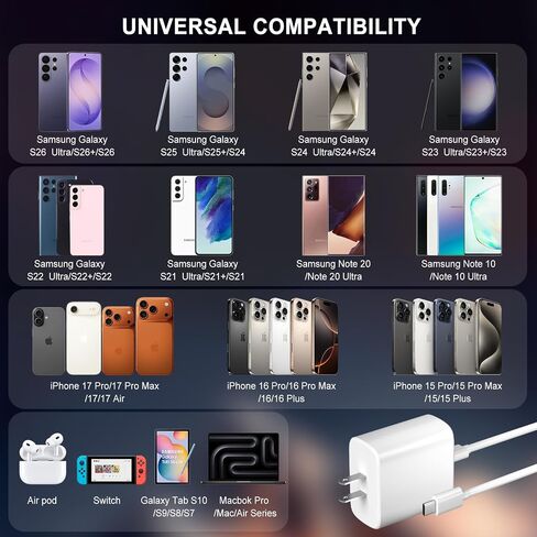 60W Samsung Super Fast USB C Charger,2Pack TypeC Android Phone PD Wall Charger Block,10FT Chargers Fast Charging USB C Cord Compatible with Galaxy S26 Ultra/Z Fold8/S26+/S26/S25 Ultra/S25+/S25/S24/S23 in Saudi Arabia